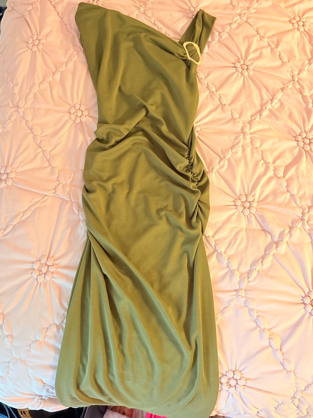 H&M Olive One-Shoulder Ruched Evening Dress